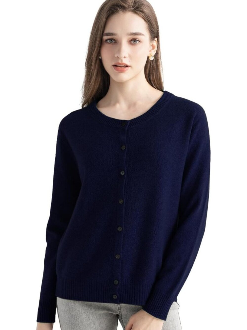 Cozy 100% Pure Cashmere Crew Neck Cardigan Sweater for Fall & Winter, Soft Knit